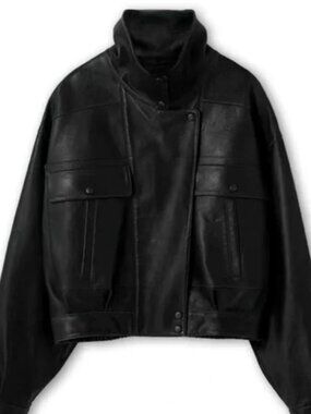 Atorie Black Leather Funnel Neck Jacket